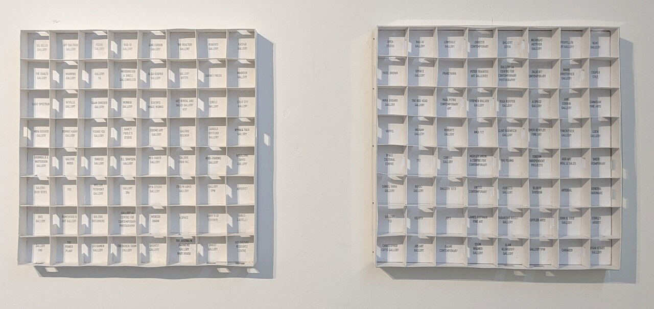 Gallery Space, 1988 (left) and Gallery Space 2025 (right) both house paint on mahogony panel and card, laser transfer text, 14 x 14 x 2 inches. Photo: Hugh Alcock