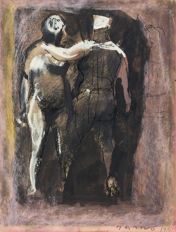 Marino Marini, Due Figure, 1941, oil, tempera, pen, india ink, brown ink and pastel on paper (13.5 x 10.25 inches)
