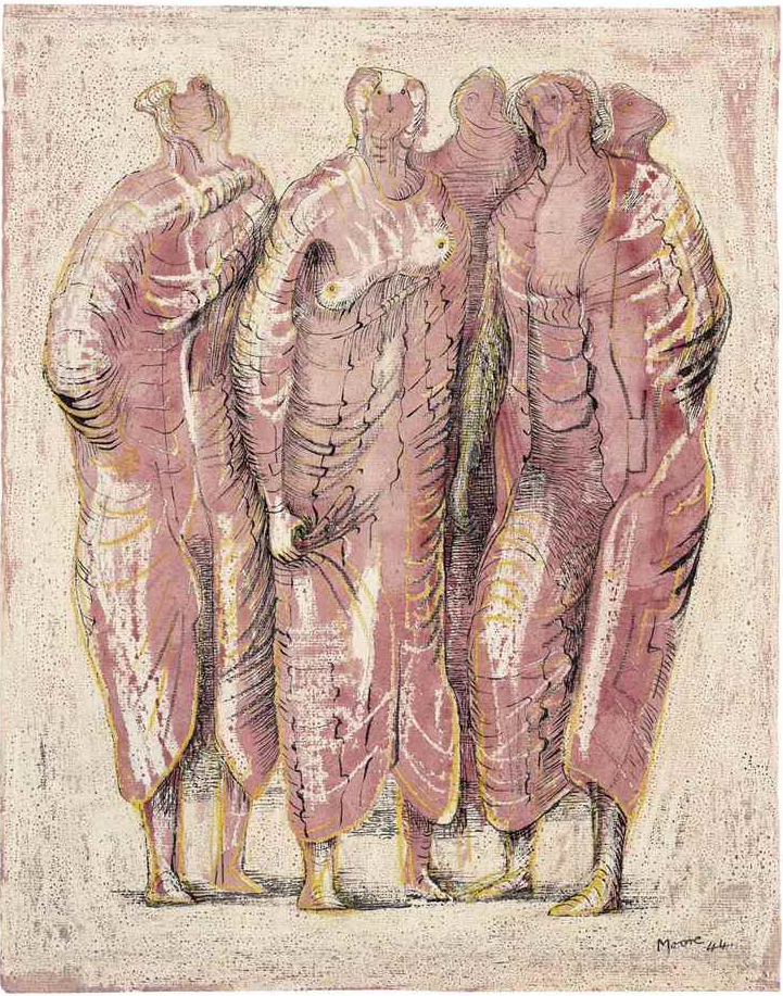 Henry Moore, Draped Standing Figures in Red, 1944, pencil, ink, wax crayon and watercolour (15.75 x 12.25 inches)