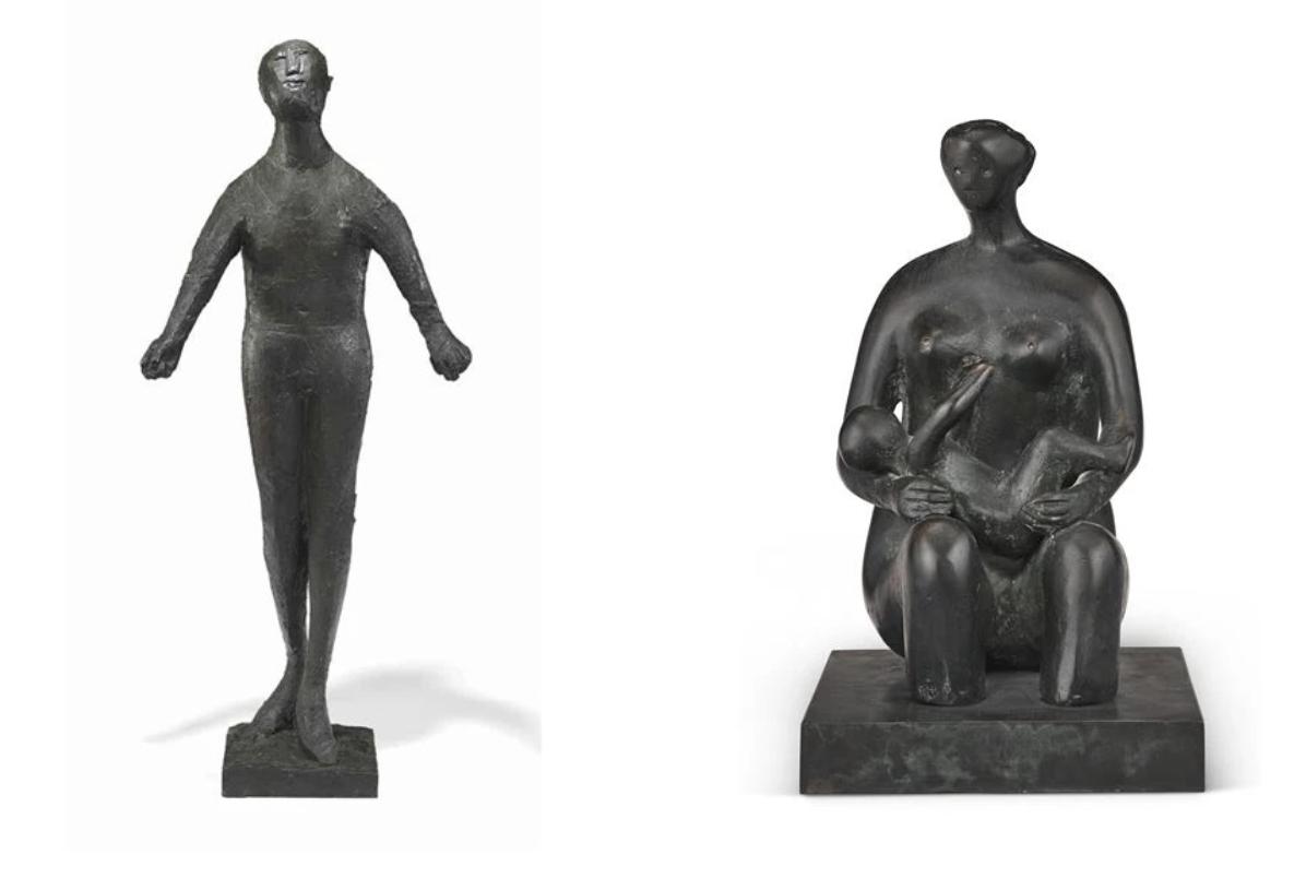 Marino Marini, Ballerino, 1954, Bronze with dark brown patina (left) Henry Moore, Mother and child, 1980, Bronze with dark brown patina (right) 