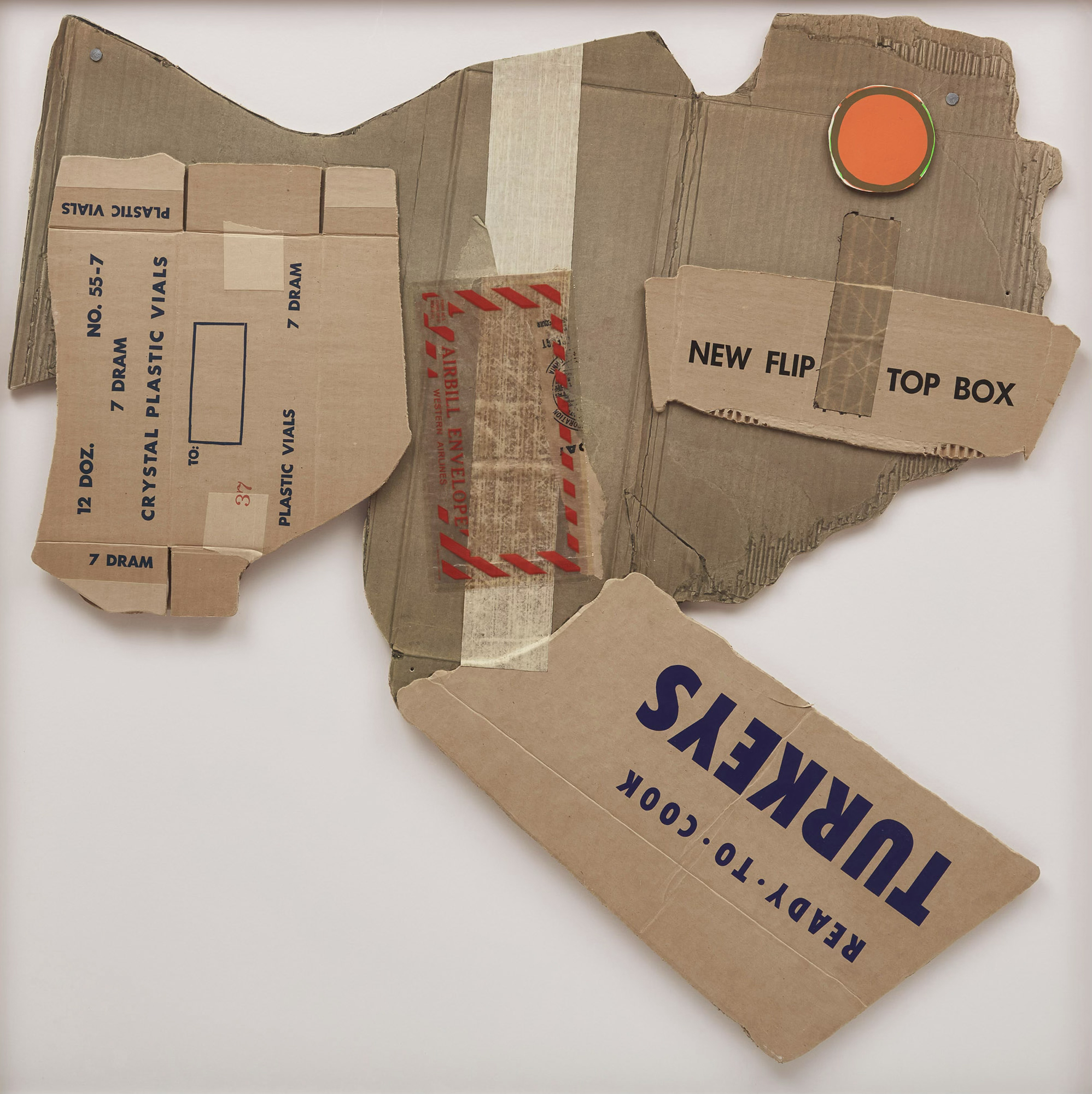 American artist  Robert Rauschenberg (1925-2008) Cardbird lll, from Cardbird Series (Gemini 305), 1971, offset lithograph and collage with tape on corrugated cardboard, 35 XS 35-1/2 inches courtesy Cowley Abbott Art Auctioneers