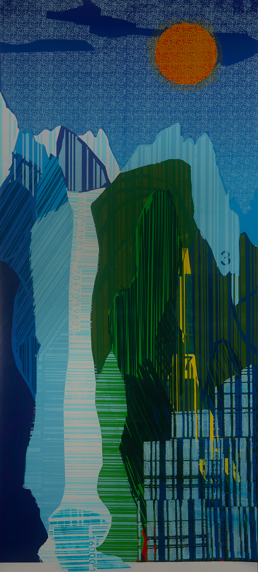 Hyun-Young Oh, Barcode Landscape 202522, mixed media on canvas, 135 x 61 cm