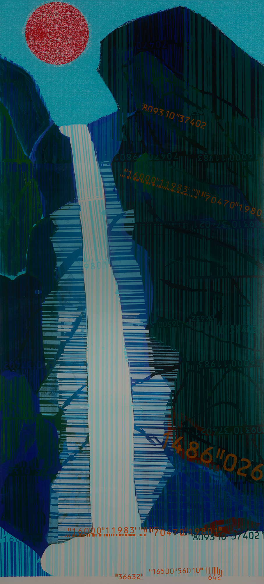 Hyun-Young Oh, Barcode Landscape 202526, mixed media on canvas, 135 x 61 cm