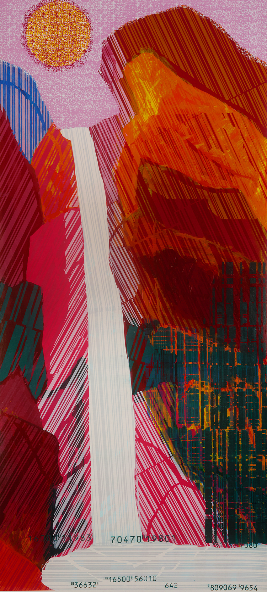 Hyun-Young Oh, Barcode Landscape 202527, mixed media on canvas, 135 x 61 cm