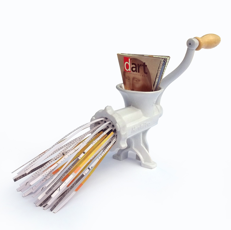 Steve Rockwell, Minced dArt, 2011, meat grinder with shredded dArt magazine pages and cropped magazine