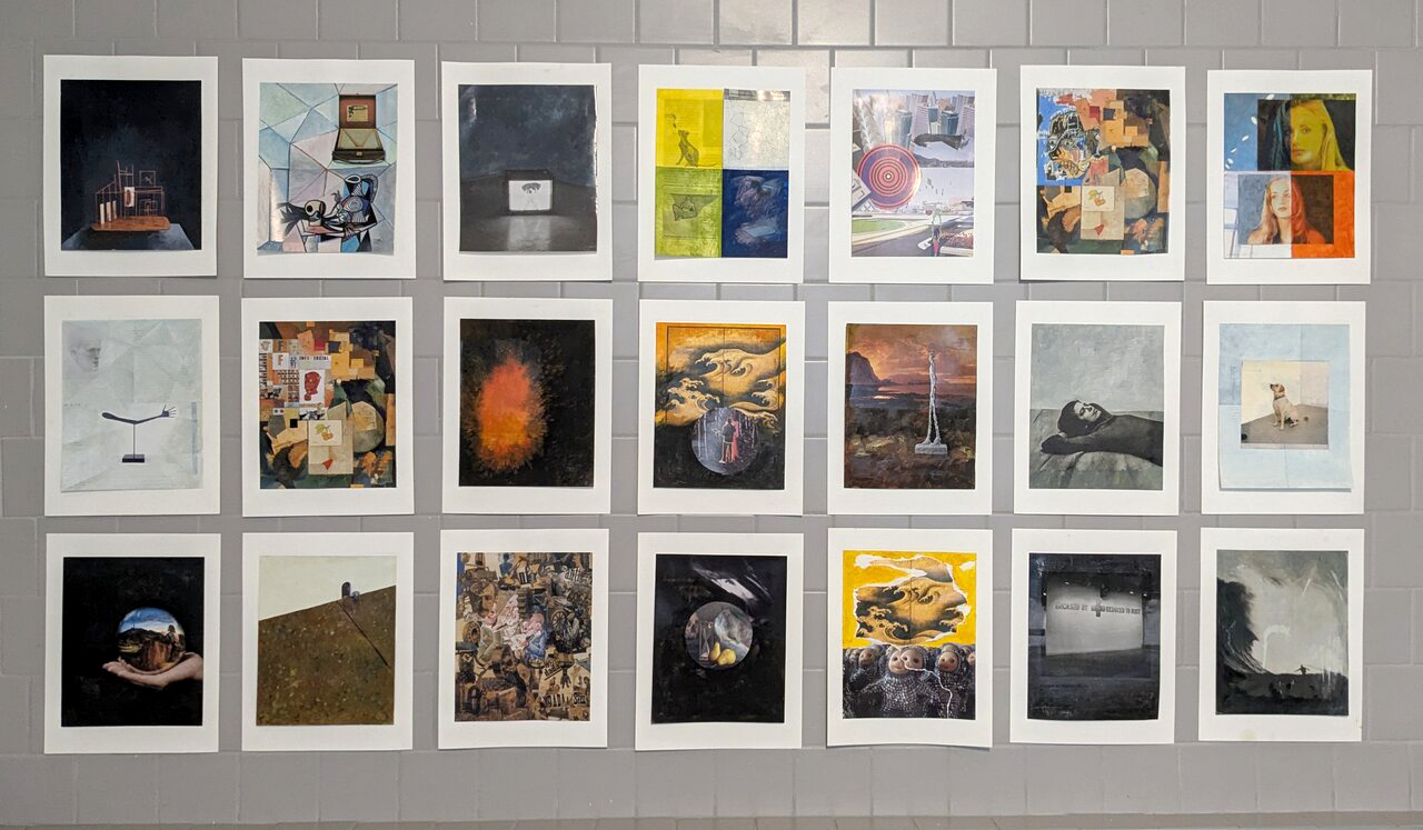 Installation view with collages, each 2025, dArt pages with oil, 7 x 8.5 inches. Photo: Hugh Alcock