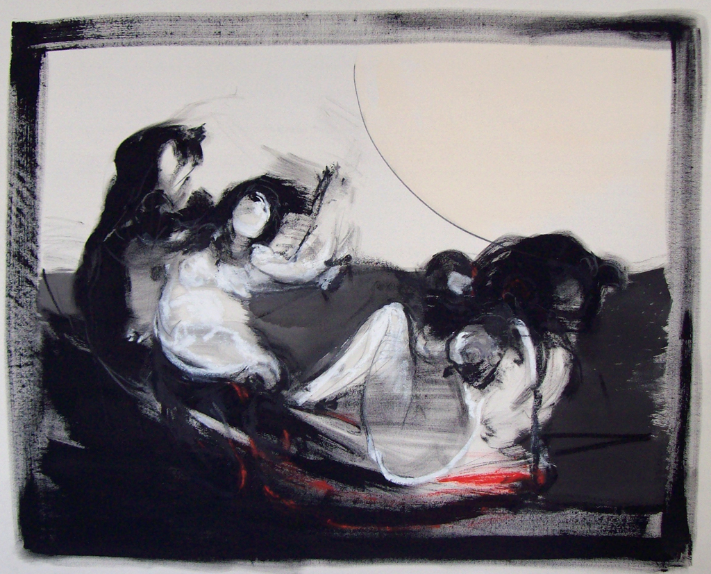 Katie Pretti; Daemons No. 3, 2016, 54" x 68” Acrylic, oil stick, oil pastel and graphite, on canvas. Collection of Jeanette Preis