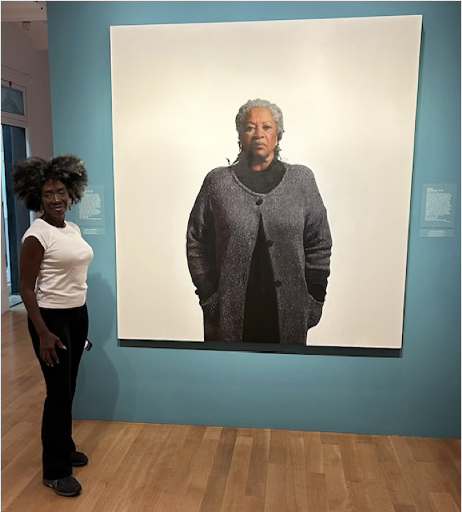 Elizabeth Diane White (Author and Entrepreneur) at the National Portrait Gallery in Washington, DC posing in front of Robert McCurdy (1952-       ) Untitled (Toni Morrison 1931-2019), 2006, oil on canvas 73 x 68 inches. 
<p>" class="wp-image-3961"><figcaption class=