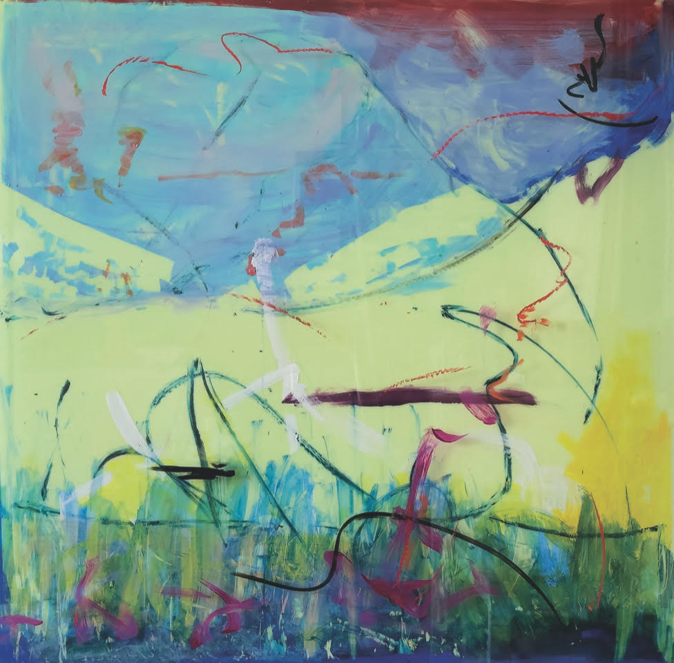 Danielle Frankenthal, Garden 3, 2024, acrylic paint, oil stick on phosphorescent acrylic resin,
50 x 50 in.