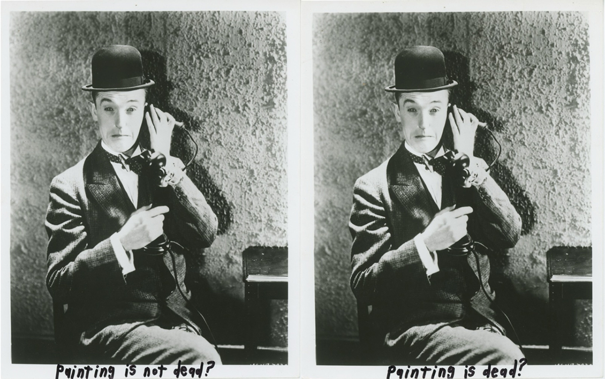 Cary Leibowitz, Painting is Not Dead? Painting is Dead? (1998), marker on found photographs, 10 x 16 inches, 11 x 17 x 1 inches framed