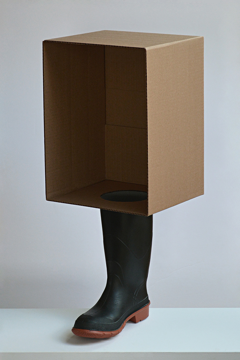 Adam Niklewicz, ERWIN (2024), cardboard box, rubber boot, 30 x 12 x 14 inches