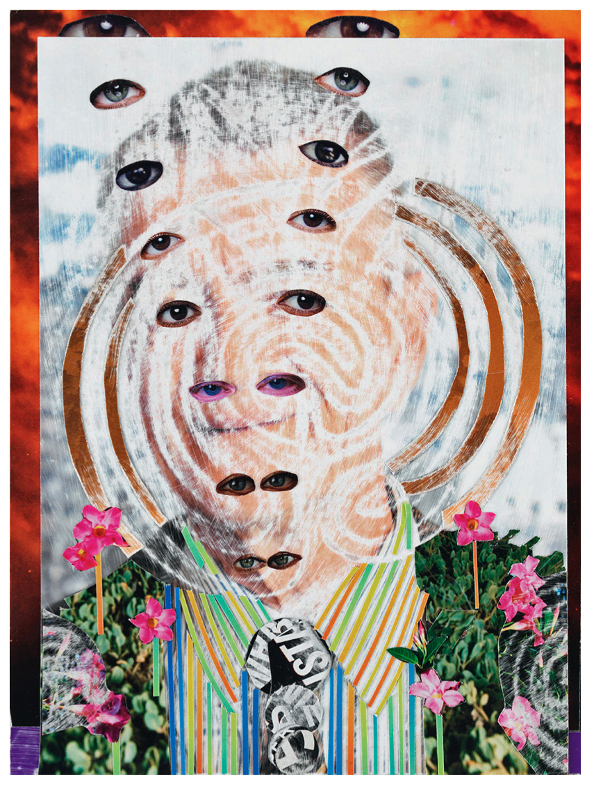 Paul Loughney, Pandering Spirit, 2022, collage on panel, 11 x 8 x1 inches