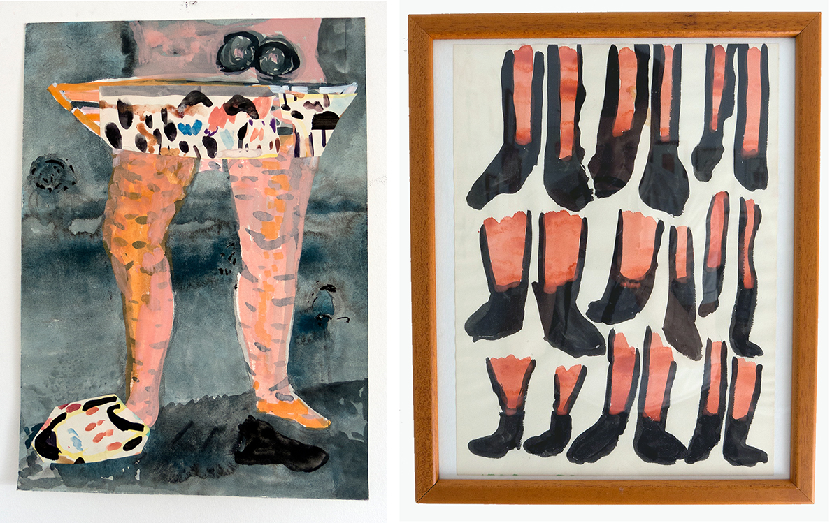(Left) Izumi Ueda Yuu, Dreamboat (2024), painting, gouache and collage, 53 x 39 cm, (Right) Izumi Ueda Yuu, River, 2022, Mixed media painting, drawing, Sumi painting, water color, shibori, collage and oil stick, 154x118cm