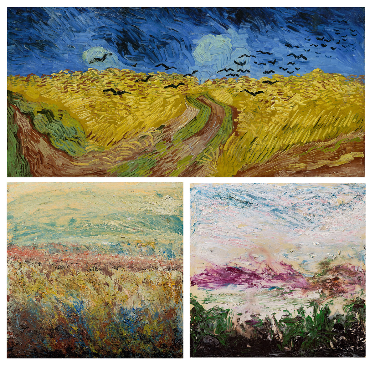  (top) Vincent van Gogh, Wheatfield with Crows (1890), (bottom left) Sam Bartman, Untitled (2008), (bottom right) Sam Bartman, First Attempt (1998),