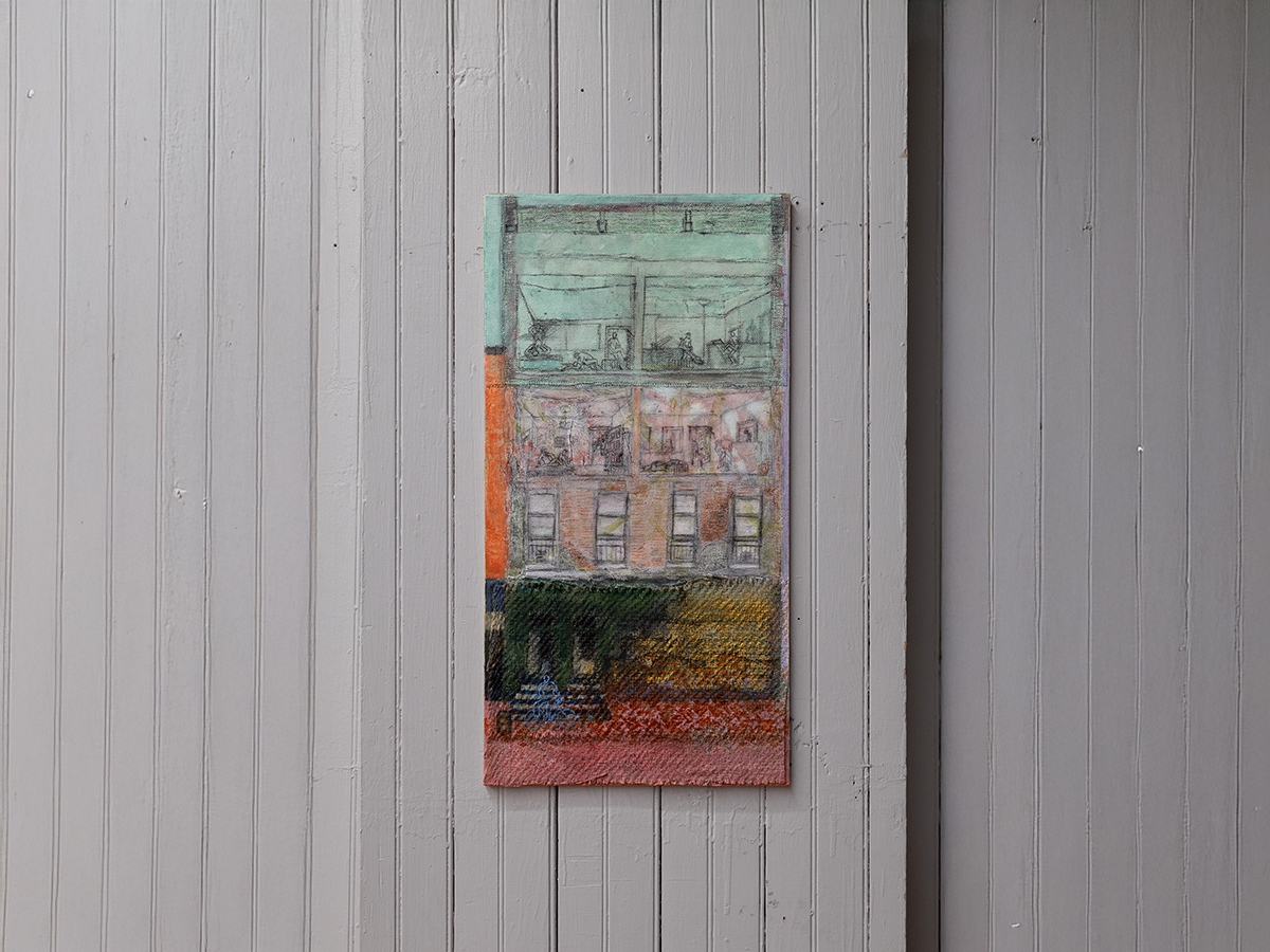 Allan Rand, Stoop Culture (for B.B.) (2025), 64.4 x 33.2 cm, Oil, emulsion, watercolour, charcoal, chalk pencil, coloured pencil, oil pencil, gesso, acrylic, brick pigment, acrylic (gold metallic), on burlap, linen, calico and wood panel.