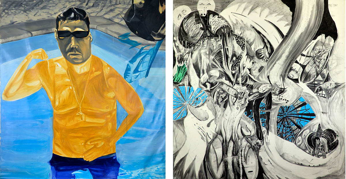(left) Luís Almeida, Pool Johnny (2025), oil on canvas, 200 x 175 cm, (right) Luís Almeida, Crazy Movement (2023), pastel and charcoal on paper, 150 x 140 cm