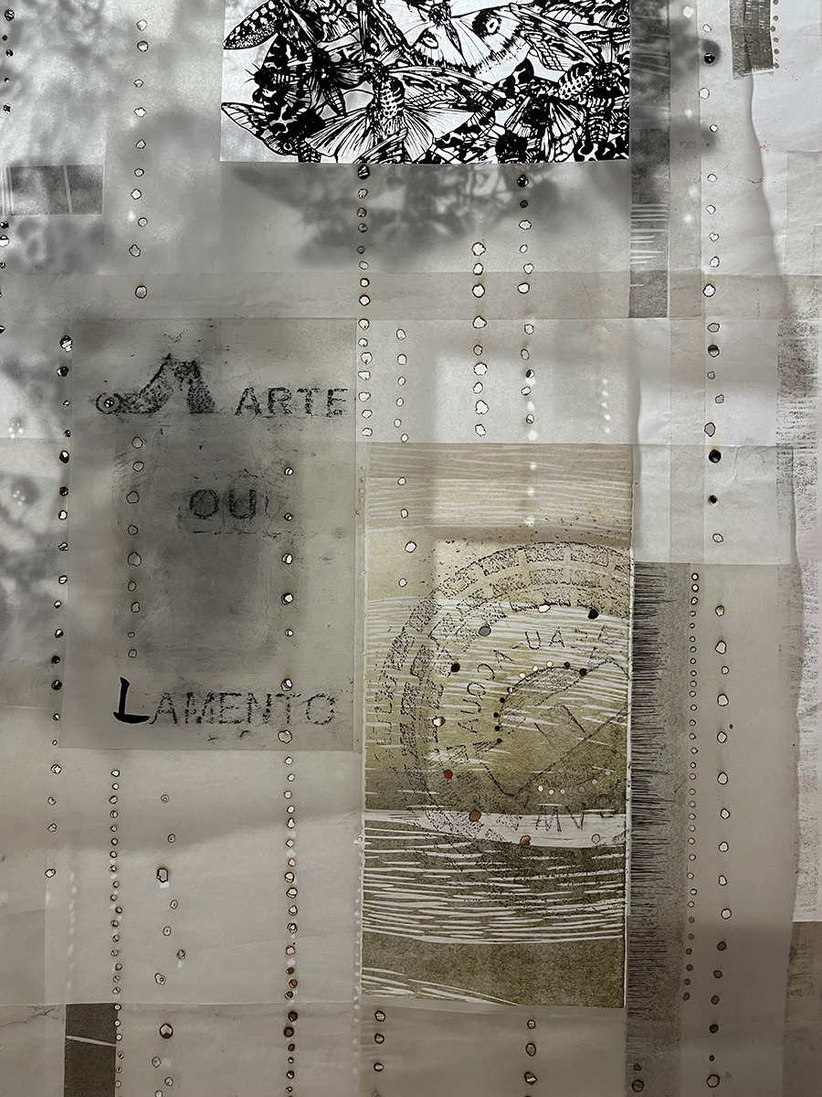 Mika Aono, On the Way (A Caminho) (detail) (2025), relief, screenprint, mixed media, 6 x 10 feet, all remaining images courtesy of the artist