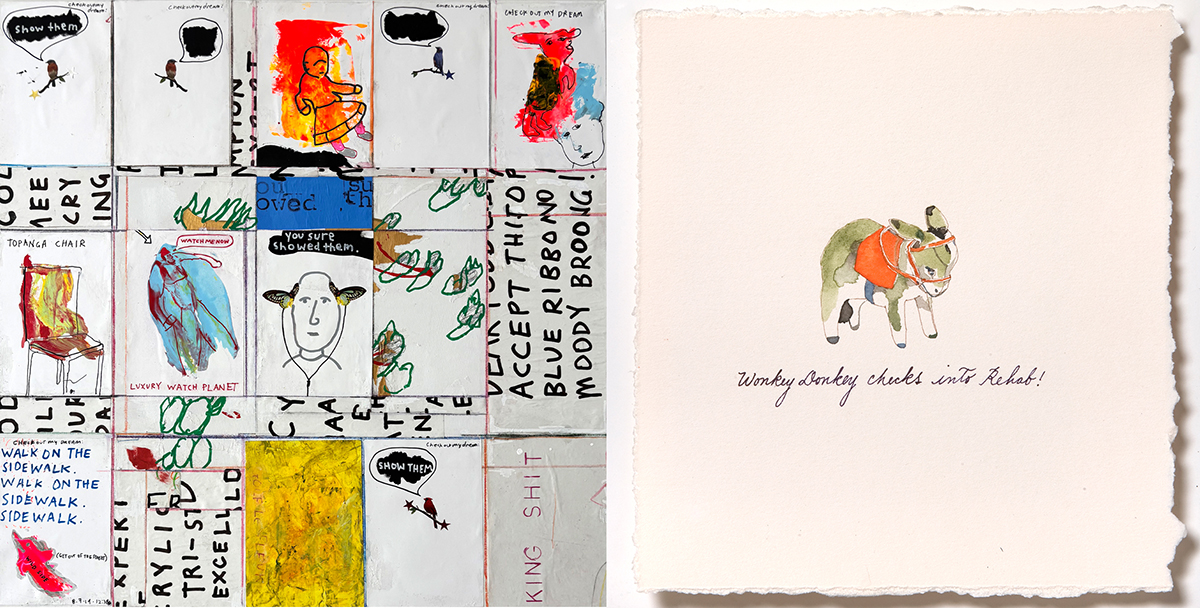 (left) Todd Colby, To the Future (2024), acrylic and mixed media on canvas, 24 x 24 inches; (right) Peregrine Honig, Wonkey Donkey (2006), pen and ink, Gum Arabic, pigment on Strathmore, 10 ½ x 10 ½ x 1 ½ inches, all images courtesy of the artists
