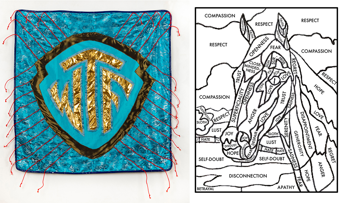 (left) Rita Valley, WTF (2019), mixed materials: silk brocade, vinyl, satin, paracord. 48 x 47 inches; (right) Norm Magnusson, Horse (2025), archival computer print, 24 x 18 inches