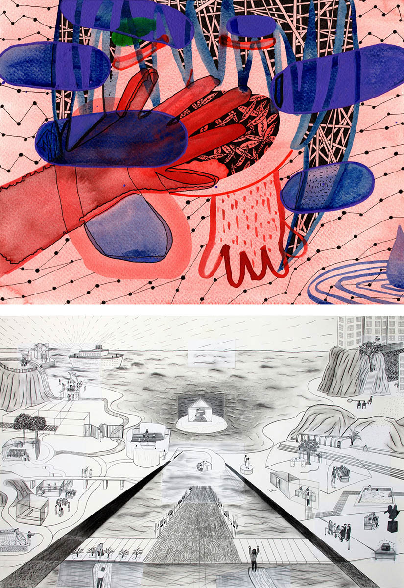 (left) Run Jiang, Sono (2022), ink marker and watercolor on paper, 32 x 24 cm, (right) Run Jiang, Mixed Dream 3 (2022), charcoal pencil and collage on paper, 73 x 110 cm