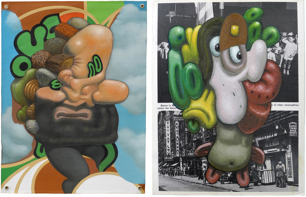 (left) D. Dominick Lombardi, CCWSI 189 (2025), acrylic, oil, canvas, 60.3 x 45 cm, (right) D. Dominick Lombardi, CCWSI 192 (2025), oil, acrylic medium, magazine page, museum board, 125.4 x 19 cm