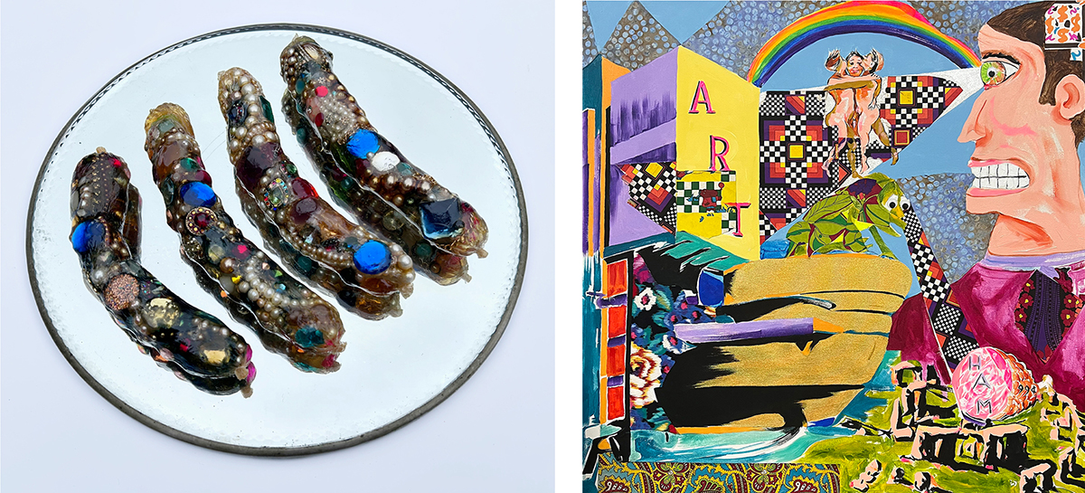 (left) Judy Haberl, Sausages (2020-25), jewelry, pearls, sausage casings, acrylic medium, sizes variable; (right) Bret DePalma, Art Ham (2024), acrylic,collage on canvas, 48 x 48 inches