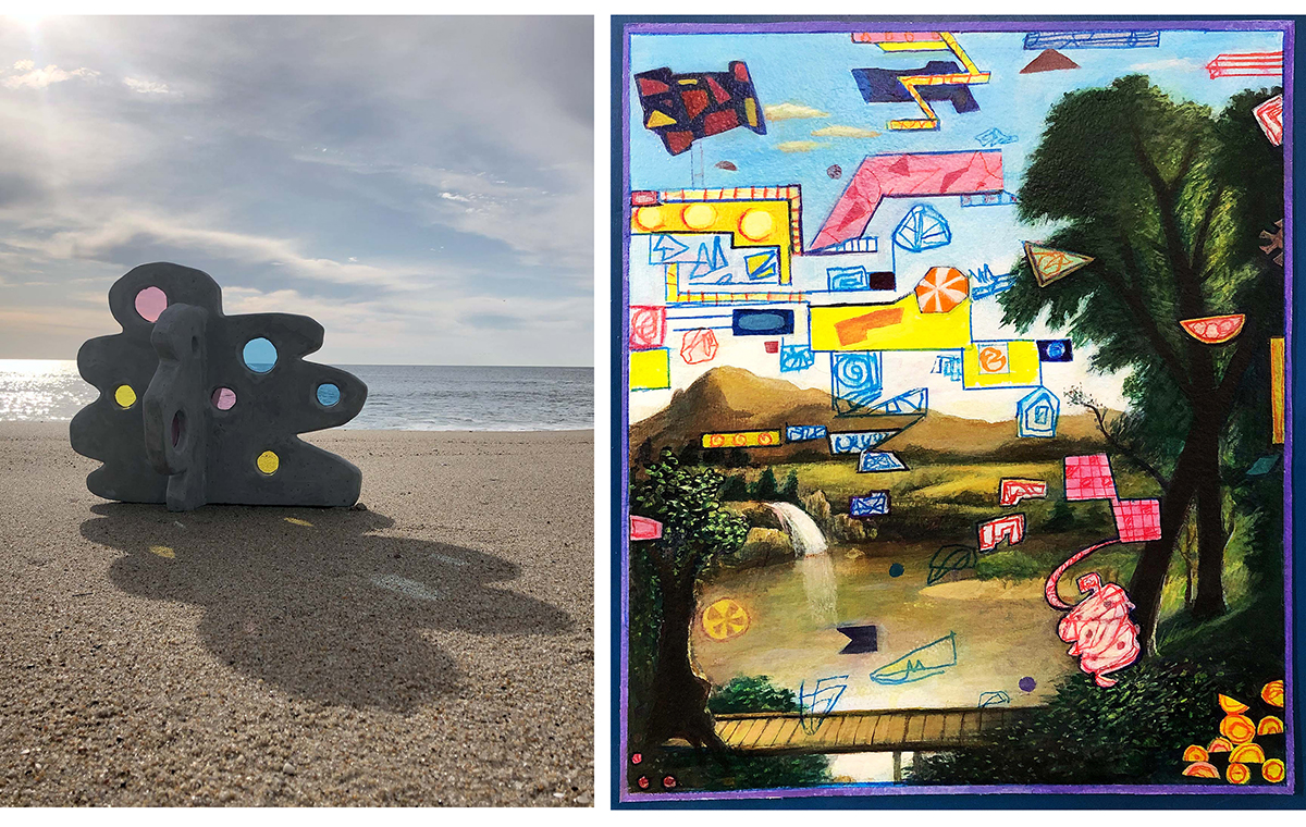(left) Susan Meyer, Maggie, 2025, wood, foam, acrylic, Apoxie Sculpt, paint, 2 x 3 inches; (right) Jeff Starr, Landolakes (2024), acrylic, marker on paper, 15 x 13 inches