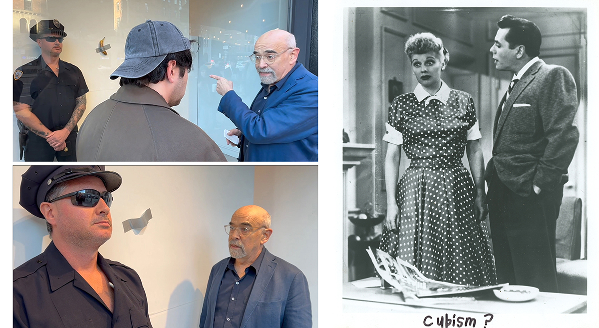 (left) Jim Kempner, The $6 Million Dollar Banana Split, video, running time 5:33; (right) Cary Leibowitz, Cubism? (1998), marker on found photograph, 8 x 10 inches, 11 ¼ x 9 ¼ x 1 ¼ inches framed