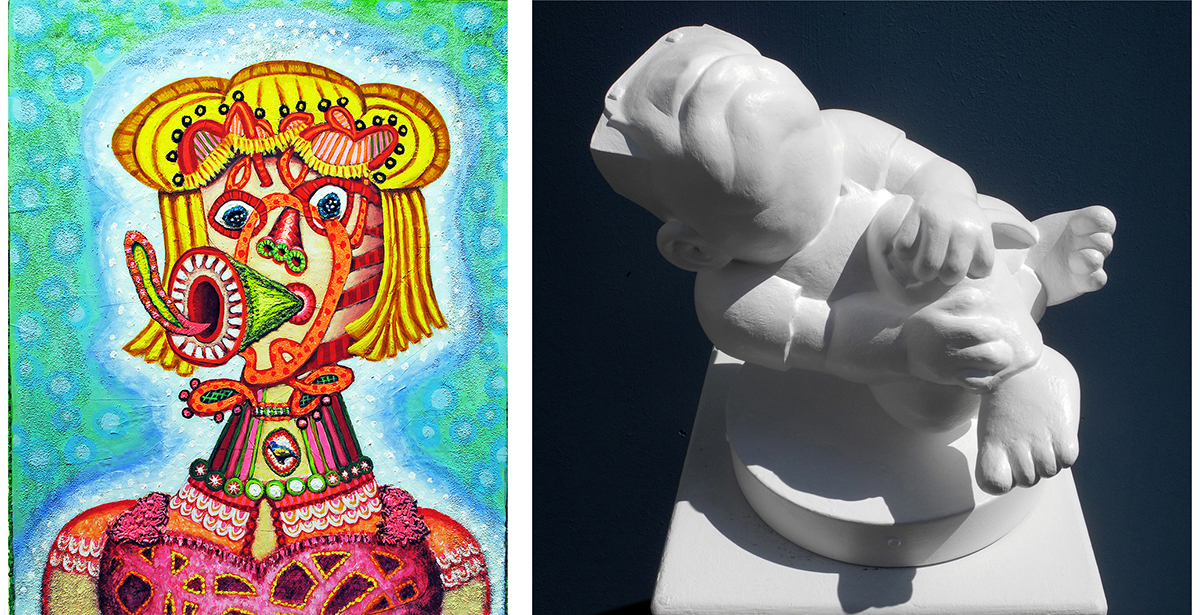 (left) Cathay Wysocki, Expeller of Erroneous Thought (2022) acrylic, collage, sand, glitter, beads on canvas 20 x 16 inches; (right) D. Dominick Lombardi, CC 113 UC (The Impossibility of a Skinned Knee) (2021), sand, papier-mâché, gesso, acrylic medium and objects, 11 1/2 x 12 x 9 inches