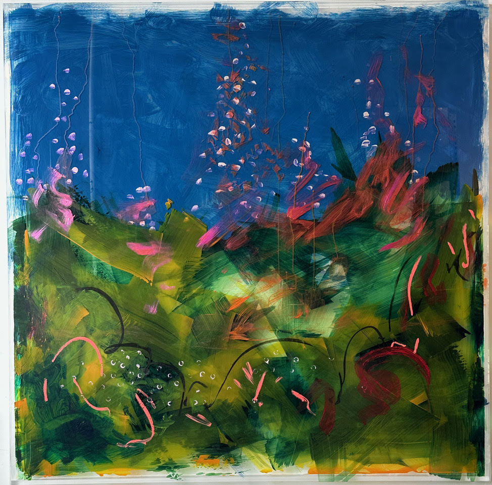 Danielle Frankenthal, L'Heure Bleu, 2023, acrylic paint, oil stick on acrylic resin, 50 x 50 in.