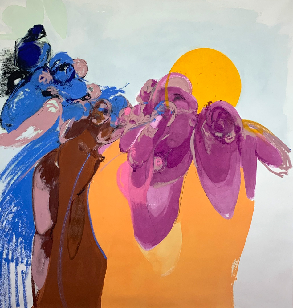 Katie Pretti; Beside Myself 1, 2024, 58” x 54”, acrylic, oil stick, oil pastel, and graphite on canvas. Collection of the artist