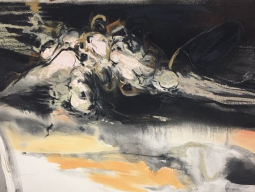 Katie Pretti; Corpus Hypercubus, 2017, 52” x 42”, acrylic, oil stick, oil pastel, and graphite on canvas. Collection of Jenni Bernardi