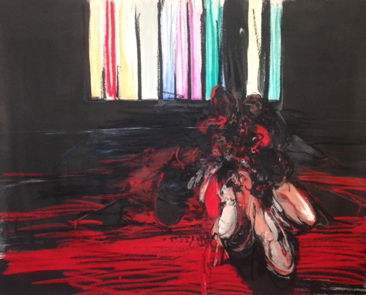 Katie Pretti; Mudang, 2016, 54” x 65”, acrylic, oil stick, oil pastel, and graphite on canvas. Private Collection