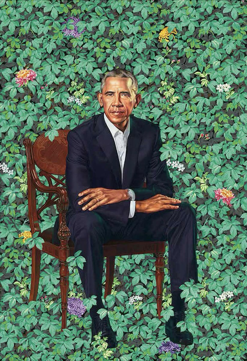 Kehinde Wiley (1977-      ) Barack Obama (1961-       ) 44th President of the United States, 2009-2017, 2018 oil on canvas 84 x 58 inches