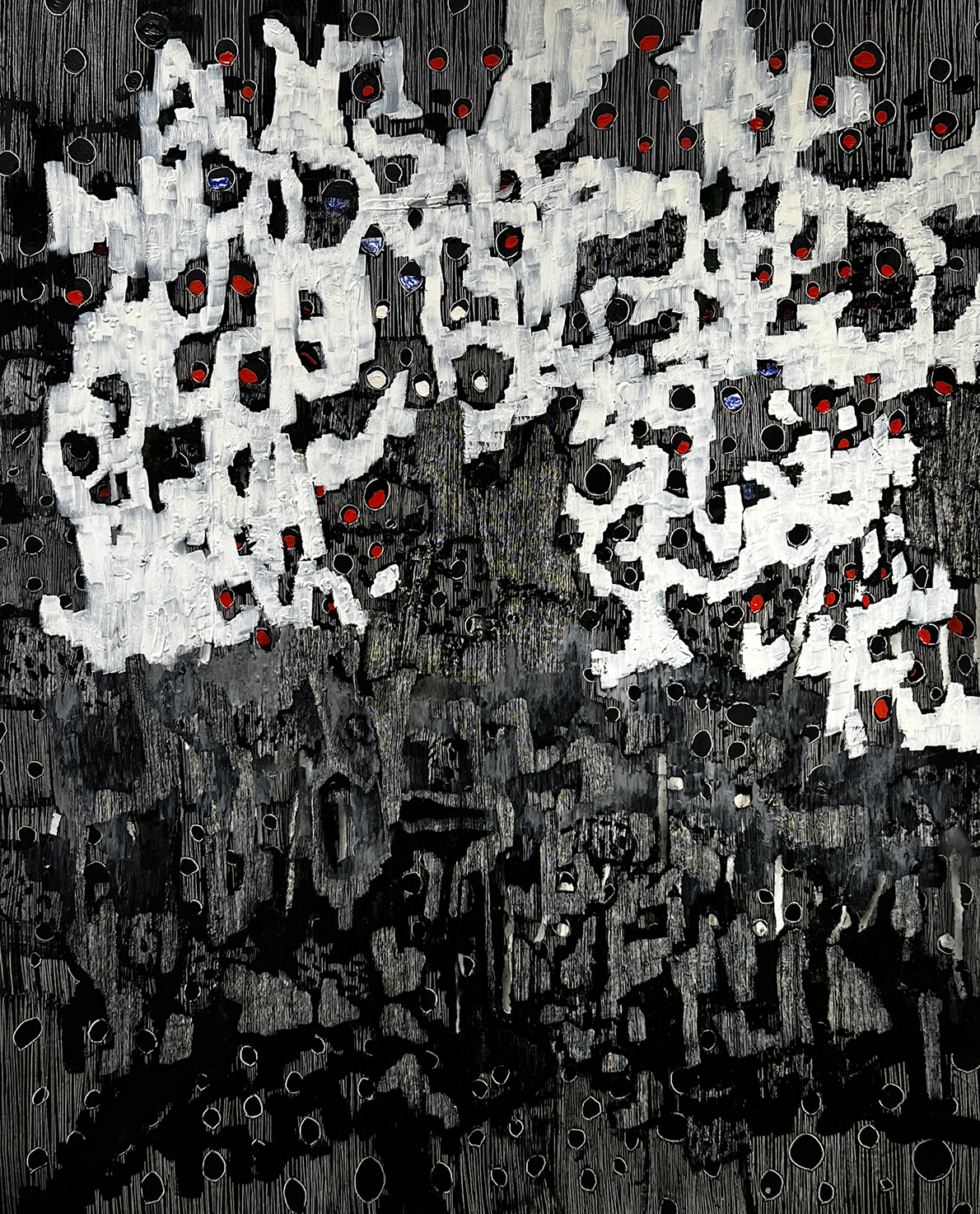 Jacquerie of texture lines, dots, and colors. Amaral creates an intricate texture as if he was drawing and painting a forest. We can see the depth of the night and the stars in the sky. Though heavily worked, it has a lightness and life.
