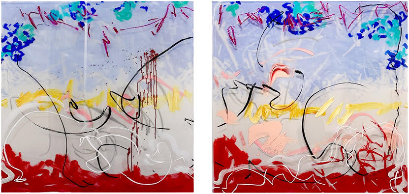 Danielle Frankenthal, L’Apresmidi d’une Faune, (Diptych), 2024, acrylic paint, oil stick, metal gilding on acrylic resin, 50 x 50 in.