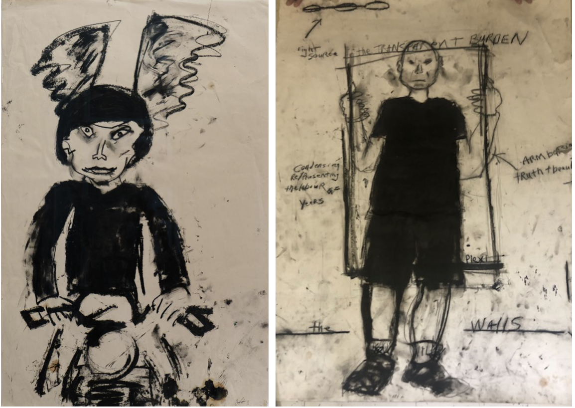 John Scott, Left; Rebel Without a Cause (James Dean), 2000, Charcoal and oil stick on paper 38 x 25 inches. Right; The Transparent Burden, mixed media on paper 50 x 38 inches