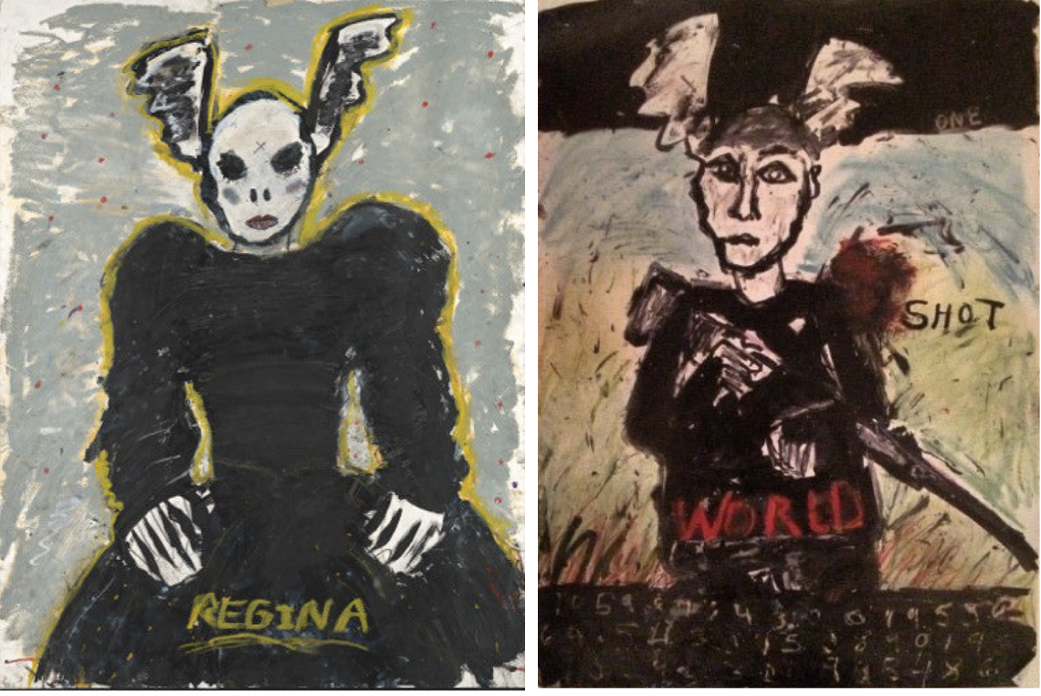 John Scott, Left; Regina (Queen), 2007/2021, Mixed media on paper mounted on canvas 50 x 38 inches. Right; One Shot World, 2007/2021,Mixed media on paper mounted on canvas 50 x 38 inches