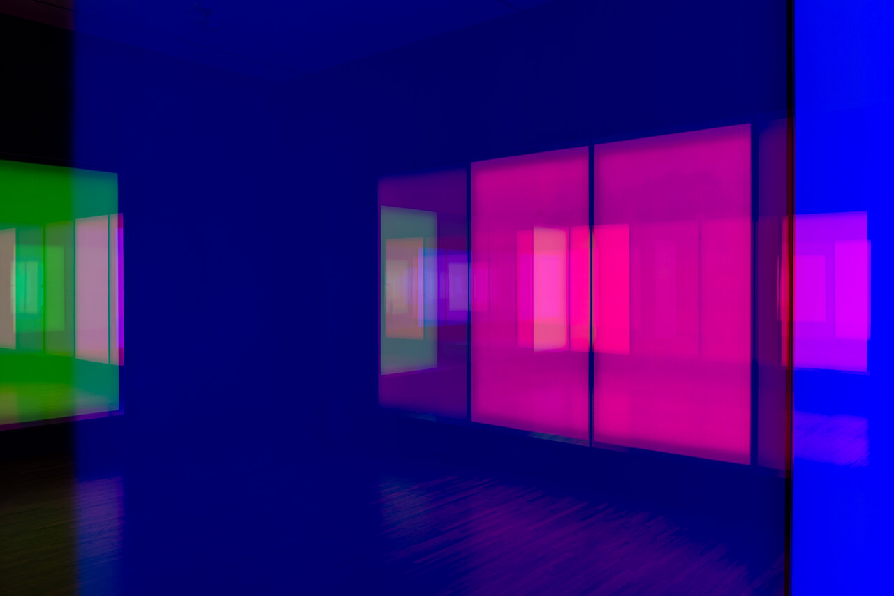 Phillip K. Smith III, Two Corners, 2022. Aluminum, glass, LED lighting, electronic components, unique colour choreography. Courtesy of artist. Photography Credit: Aly Manji.