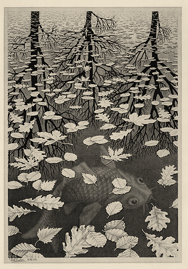 M. C. Escher, Three Worlds, Lithograph