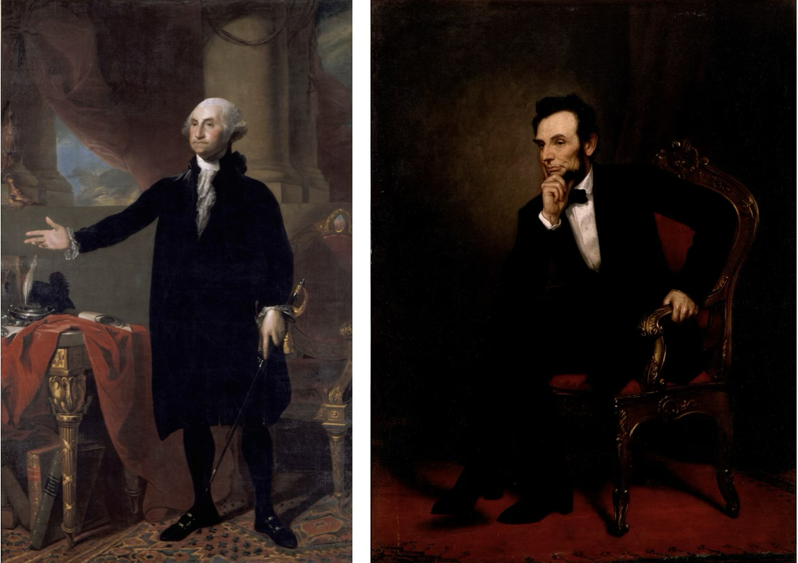 LEFT; Gilbert Stuart (1755-1828) George Washington (1732-1799) 1st President of the United States, 1789-1797, 1797 oil on canvas 95 × 59-13/16 inches.
<p>RIGHT; George Peter Alexander Healy (1813-1894) Abraham Lincoln (1809-1865) 16th President of the United States, 1861-1865, 1869 oil on canvas 73-3/4 × 55-5/8 inches" class="wp-image-3959"><figcaption class=