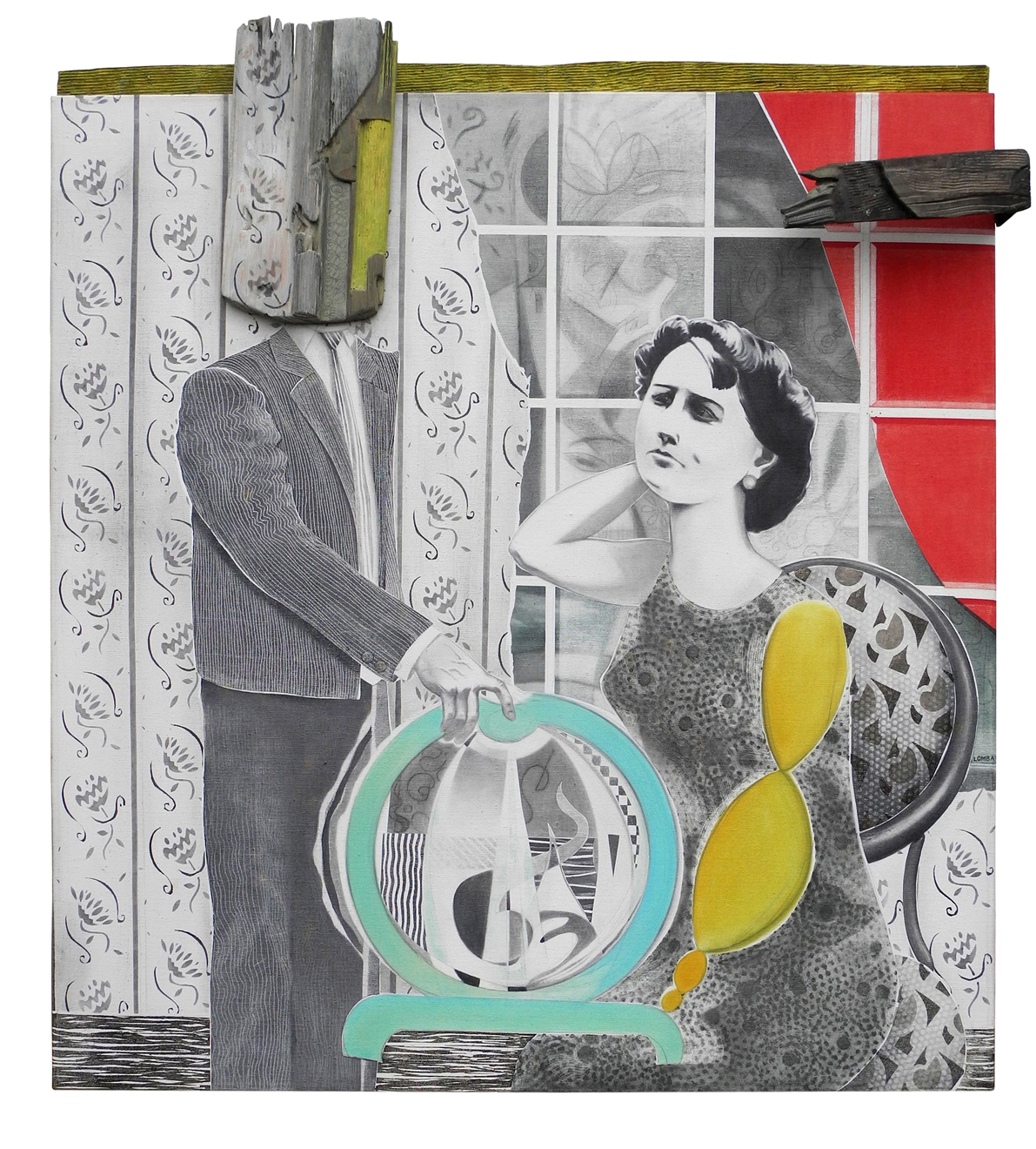 Witness Against Logic 1987, oil, canvas, found carved wood, 43 x 39 x 3 inches